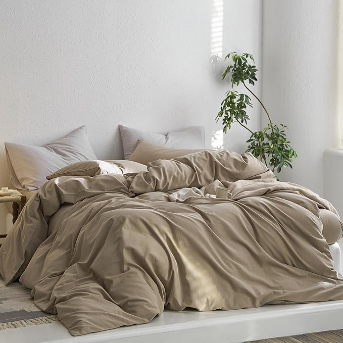 MooMee King Duvet Cover Set, 100% Washed Cotton Linen Like Twill Thick Sturdy Material Super Soft Breathable Durable Bedding for All Season, 3 Pieces (Mocha Brown, King 104"x90")