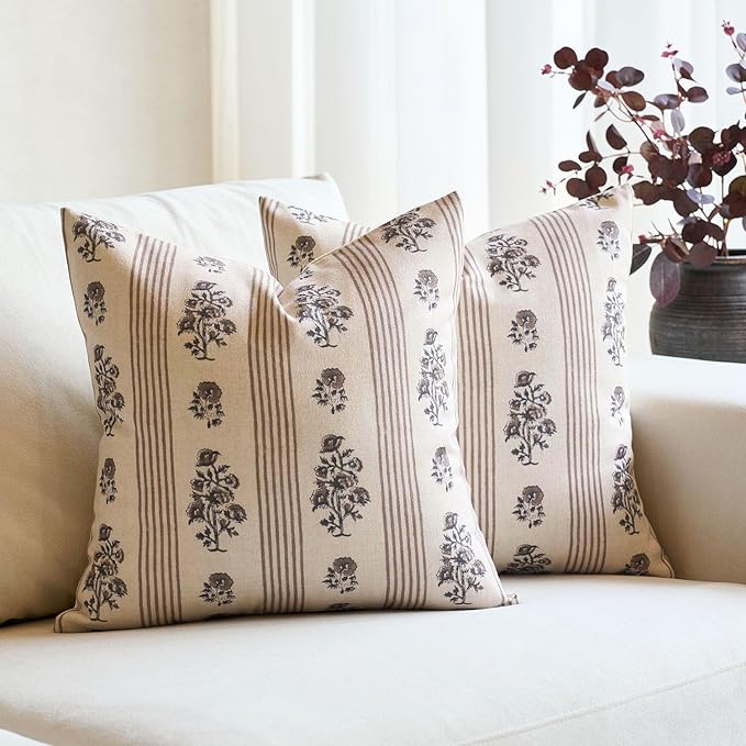 Amor Virisso Floral Throw Pillow Covers 22x22 Set of 2 Block Print Pillow Covers Neutral Floral Striped Farmhouse Decorative Pillow Covers for Sofa Couch Bed, Brown