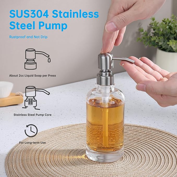 Clear Glass Soap Dispenser with Brushed Nickel Pump 2 Pack, 2 X 11 OZ Liquid Soap Dispenser Cylindrical with Stainless Steel Pump for Dish Hand Soap Bathroom Kitchen Vanity Countertop