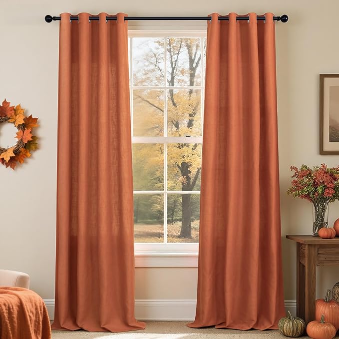 Pitalk Burnt Orange Curtains 108 Inches Long for Living Room 2 Panels Set Grommet Light Airy Flowy Semi Sheer Linen Draperies Terracotta Rust Curtain for Patio Sliding Door Dining Western Decor 52x108