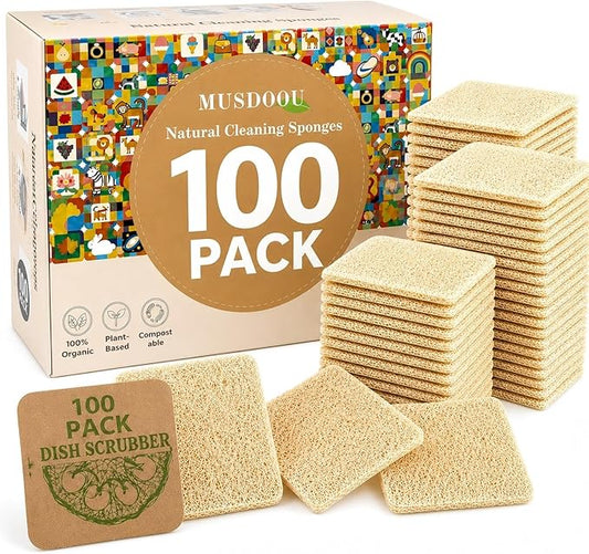 Natural Loofah Dish Sponge, 100 Count Plant-Based Kitchen Cleaning Pads, Biodegradable Compostable Scouring Pads for Dishes, Pots, Pans and Sink, 2.75 x 2.75 Inch