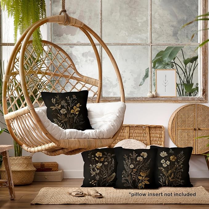 Dark Academia Cottagecore Botanical Throw Pillow Covers 18x18 Set of 4, Vintage Fall Moody Floral Wildflower Decor Pillow Cases for Bedroom Living Room, Rustic Farmhouse Pillowcases for Couch