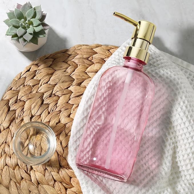 GMISUN Pink Soap Dispenser Bathroom, 1 Pack Glass Dish Soap Dispensers for Kitchen with Rustproof Plastic Gold Pump, 17 Fl Oz Bathroom Hand Soap Dispenser, Modern Liquid Dishwashing Dispensers Bottle