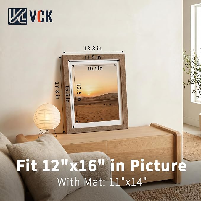 VCK 12x16 Picture Frames Walnut 3 Pack, Wide Border Wood, Tempered Glass, Display 11x14 Poster Photo with Mat or 12 x 16 Without, for Home, Office, Gallery, Woodgrain Series, Wall Hanging