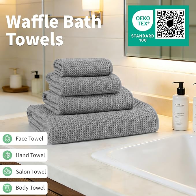 MICROFI Waffle Weave Bath Towel Set, Microfiber, 4 Pieces (Body/Hair/Hand/Face), Quick Dry, Lightweight, Super Absorbent, Lint Free, 380 GSM (Gray)