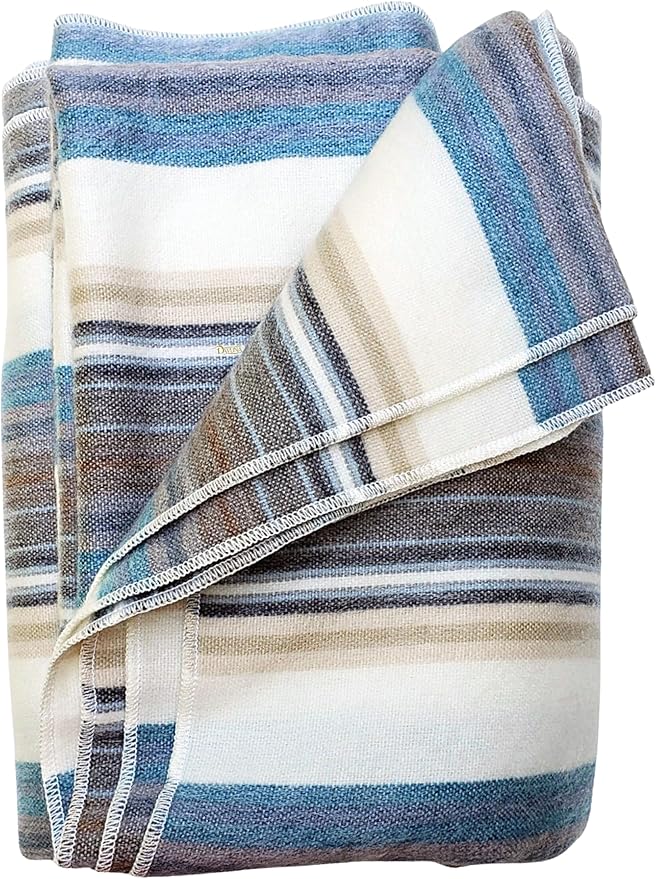 DAVLINA, Alpaca Wool Throw Blanket | Super Soft, Lightweight, Breathable and Hypoallergenic | Non-Itchy or Scratchy (Blue White Varicolored, Striped)