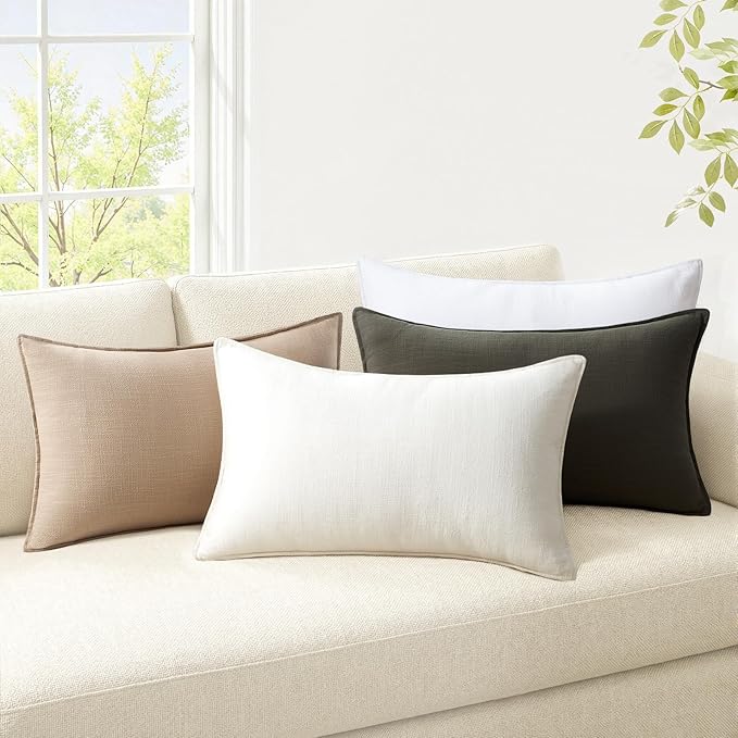 Soft Linen Solid Lumbar Pillow Covers Pack of 4 Farmhouse Neutral Olive Pillow Covers Home Decor for Couch Rustic with Flange Edge Green Cushion Cases for Bed Balcony Home Decor 12x20 Inch
