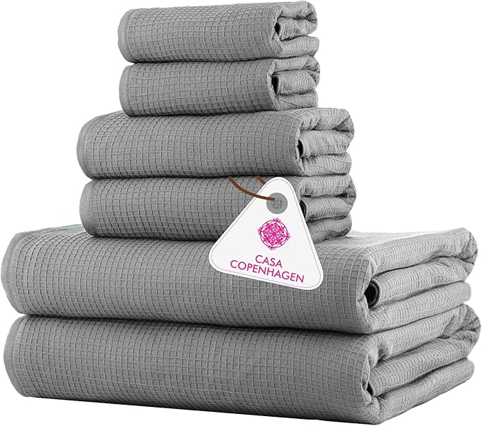 CASA COPENHAGEN Waffle 6Pcs 100% Egyptian Cotton Large Designer Towels Gift Set- Grey Violet, 2Bath 2Hand 2Washcloths, Bath Towels for Bathroom (Box Pack, Set for Women & Men)