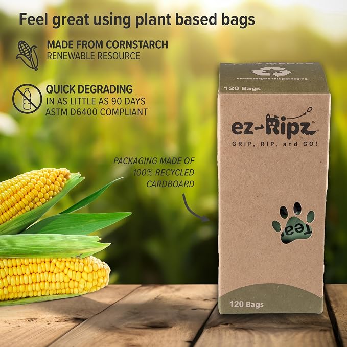 100% Compostable Doggie poop Bags, Plant Based, 8 Rolls of 15 each (120 Bags), Dog Poop pick up, Pet Waste Storage
