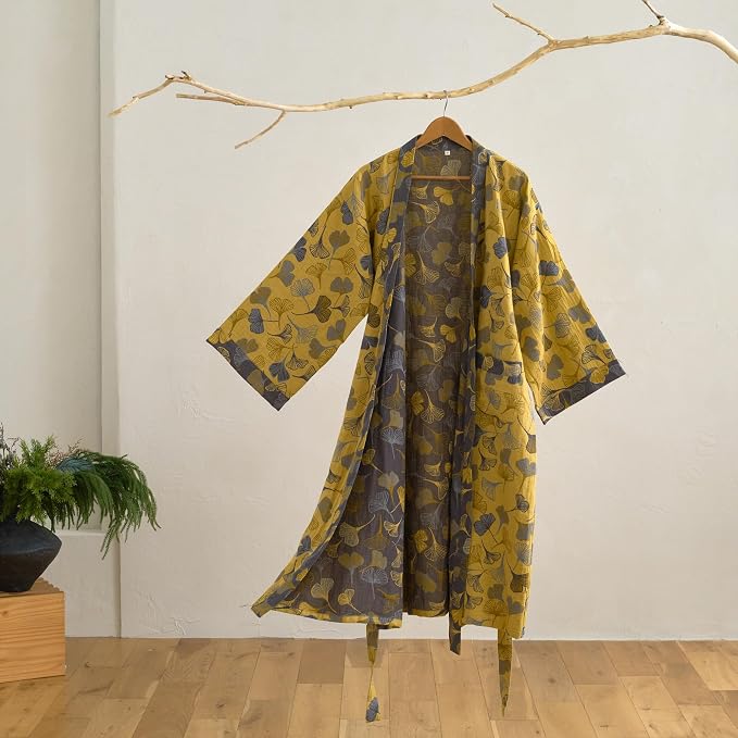 100% Cotton Gauze Ginkgo Leaf Kimono Robe, Long Knit Loose Bathrobe Nightgown Ladies Loungewear Sleepwear for Women