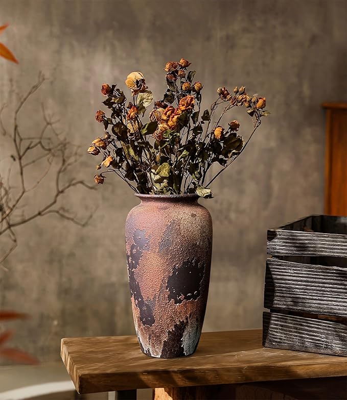 GeLive Large Rustic Ceramic Vase, 12 Inch Textured Distressed Brown Pottery, Handmade Wabi Sabi Boho Farmhouse Vase for Pampas Grass, Fresh & Dried Flowers, Living Room, Entryway, Table Centerpieces