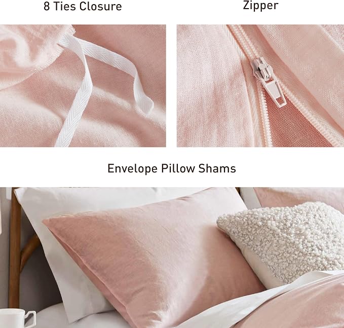 Hyde Lane Linen Duvet Cover Set King Size, 3Pcs Textured French Flax Linen Cotton Blend Bedding Set, Natural and Organic, Soft and Breathable, with 2 Pillow Shams, 104"x90", Pink