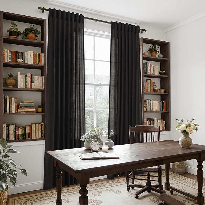 Vintage Black Linen Curtains 63 Inch Length for Living Room Light Filtering Semi Sheer Curtain Back Tab and Rod Pocket Privacy Luxury Gothic Vintage Decor Drapes for Bedroom Office 52x63, 2 Panels