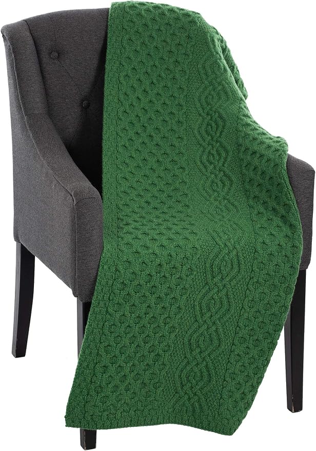 SAOL Honeycomb and Cable Knit Patterns 100% Irish Merino Wool Aran Throw/Blanket 60 x 40 inches (Green)