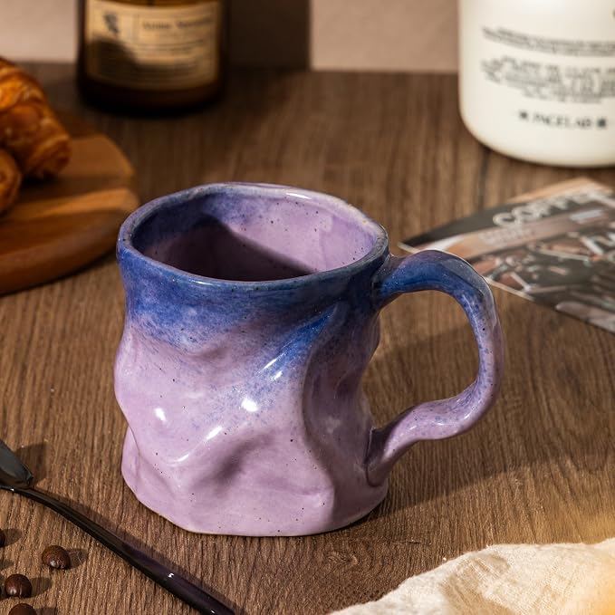 Handmade Ceramic Coffee Mugs, Mugs with Spoon, 11oz, Handmade Pottery Mug with Handle, Hand-painting, Unique Uneven Surface Tea cups, Dishwasher and Microwave Safe (Purple)