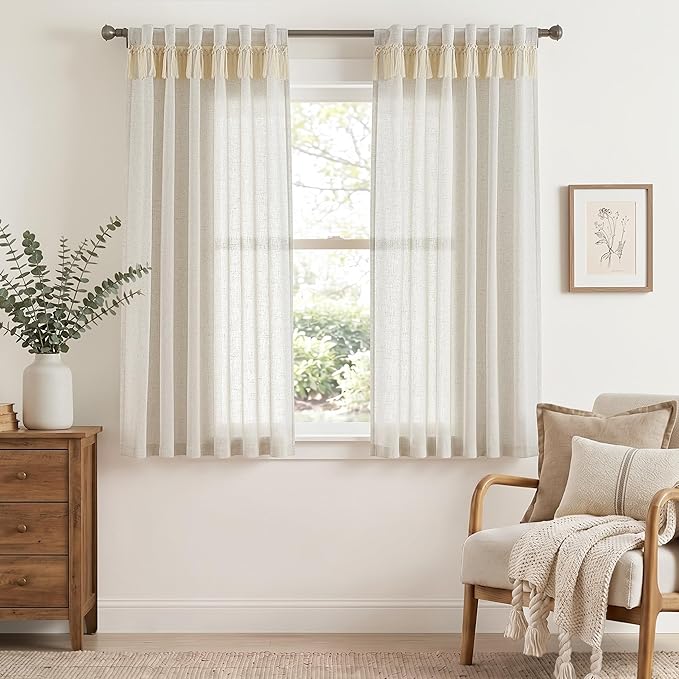 jinchan Linen Curtains for Living Room Bedroom Light Filtering Semi Sheer Curtains Boho Farmhouse French Country Cottage Core Decor Window Drapes Back Tab 63 Inch Length Tassel Beige