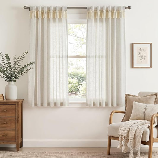 jinchan Linen Curtains for Living Room Bedroom Light Filtering Semi Sheer Curtains Boho Farmhouse French Country Cottage Core Decor Window Drapes Back Tab 63 Inch Length Tassel Beige