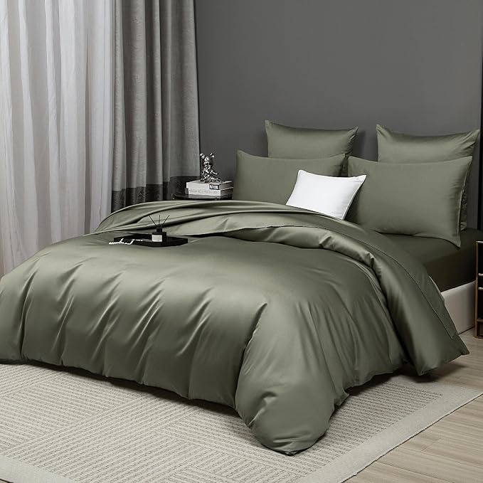 Dusty Green Cotton Duvet Cover Set Twin 100% Long-Staple Cotton Sateen Bedding Set, Soft Breathable Smooth Organic Pure Cotton Plain Comforter Cover, Luxury Minimalist Bedroom Decor for All Season