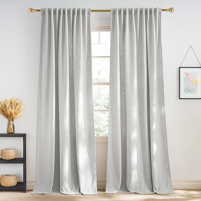 NICETOWN Waffle Weave Linen Grey 108 inch Curtains, Privacy Farmhouse Drapes Light Filtering Window Treatments for Living Room, W52 x L108, 2 Panels