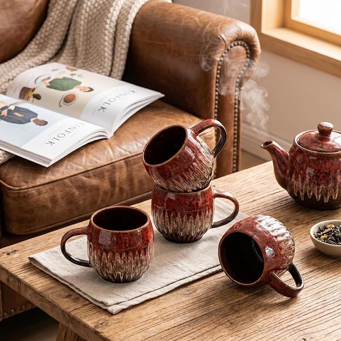 13oz Large Coffee Mug - Unique Handcrafted Look Ceramic Cup, Large Tea Mug, Microwave & Dishwasher Safe (red,Set of 4)