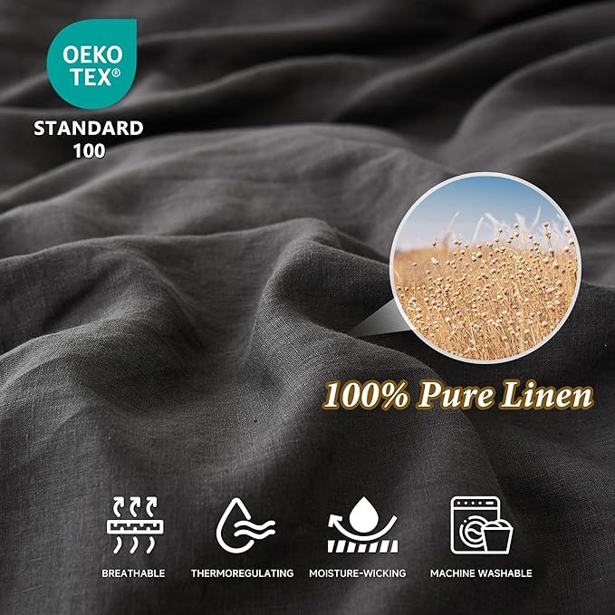 100% Linen Duvet Cover Set, 3 PCS Natural French Flax Dark Grey Duvet Cover Queen Size, Breathable Soft Comfy Linen Bedding Comforter Cover with 2 Pillowcases(Dark Grey, 88" x 92")