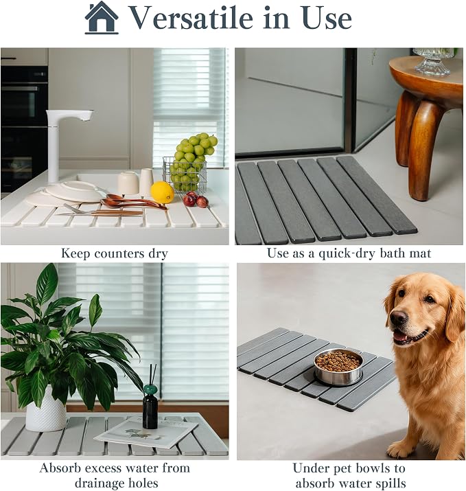2pcs Stone Dish Drying Mat for Kitchen Counter, Quick-Dry Diatomaceous Earth Water Absorbent Pad & Countertop Drainer, Home Essentials for Bath and Pets - Marble Light Grey, 24x16’’ & 8x4’’