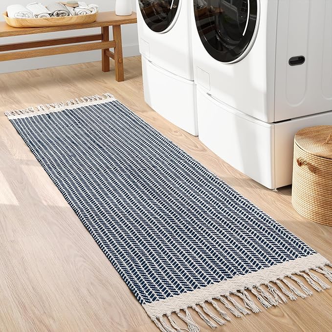 Lahome Belle Boho Kitchen Runner, 2x6 Laundry Room Rug Lightweight Runners for Hallways Washable Runner Rug with Tassels, Farmhouse Cotton Blue Throw Rugs Non Shedding Carpet for Entryway Bathroom