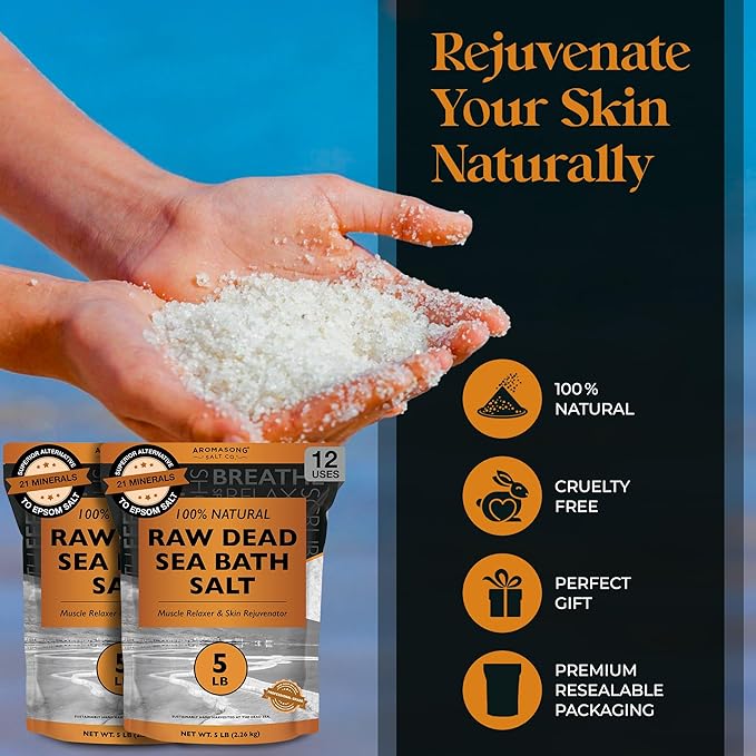Aromasong Raw Dead Sea Salt for Soaking - Minimal Cleaned Bath Salt Soak - 10 Lbs (2 x 5 lb. Bags) Bulk Resealable Pack - Leaves Your Skin Softer Then Epsom Salt