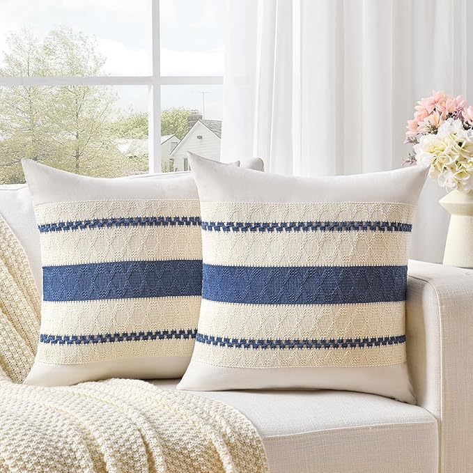 Fancy Homi Set of 2 Dusty Blue Vintage Decorative Throw Pillow Covers 22x22 Inch for Couch Bed Sofa Chair Bedroom, Rustic Retro Square Cushion Case, Modern Farmhouse Boho Living Room Decor Indoors