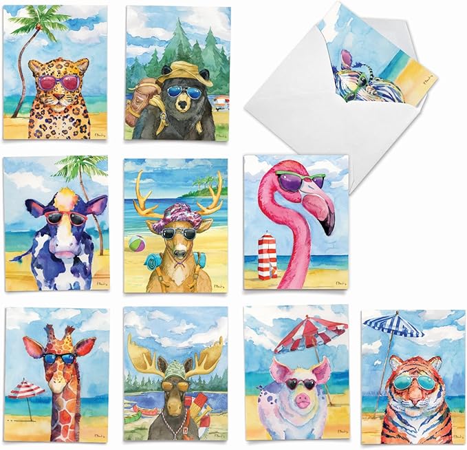 The Best Card Company Assorted Funny Wildlife Watercolor Blank Greeting Card Box Set - Incl. 10 Unique Notecards Designs + Envelopes for Thank You, Invitations - Animal's Day Off AM6670OCB-B1x10