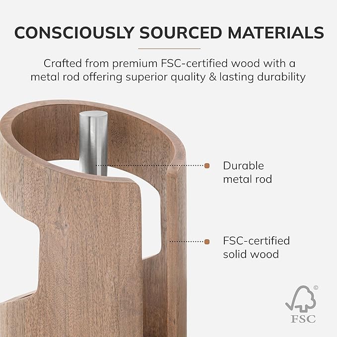 Anji Mountain Wooden Paper Towel Holder Countertop with Mango Wood Round Base and Iron Holder, Holder Stand for Kitchen Roll Organizer & Kitchen Dining Table Home Decor - Biscotti/Nickel, Arc Hold