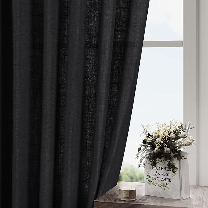 Nanspring Black Linen Curtains for Living Room Back Tab Rod Pocket Semi Sheer Light Filtering See Through Drapes 98 Inch Length 2 Panels Set for Bedroom Protect Privacy Curtain for Office W52xL98