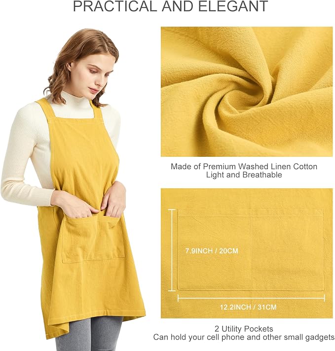 ELEZAY Aprons for Women with Pockets Plus Size Comfort Cross Back No Tie Cotton Linen Apron Pinafore