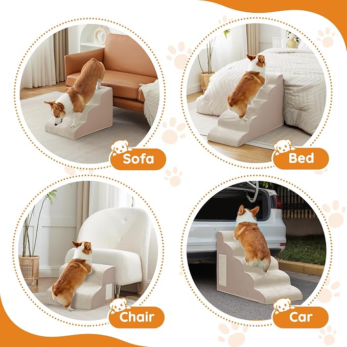 Pet Stairs, Dog Stairs for Small Dogs, Dogs Steps, 3-Step Curved Dog Ramp for Bed, Couch, Sofa, Car and Chairs, Non-Slip Bottom Design, Cat Scratching Board, High Density Foam Portable Pet Step, Beige