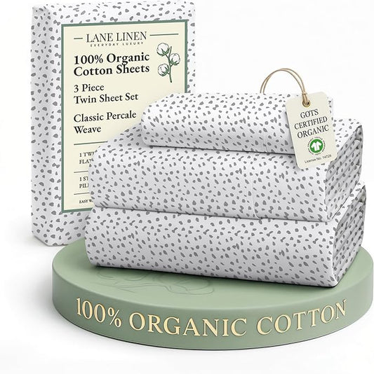 LANE LINEN 100% Organic Cotton Twin Bed Sheets, Mercerized Cotton Fully Elasticized Reinforsed Seam in Fitted Sheets Pocket Low Pill Fade Resistant Printed Sheets Twin Size Bed- Haze Grey