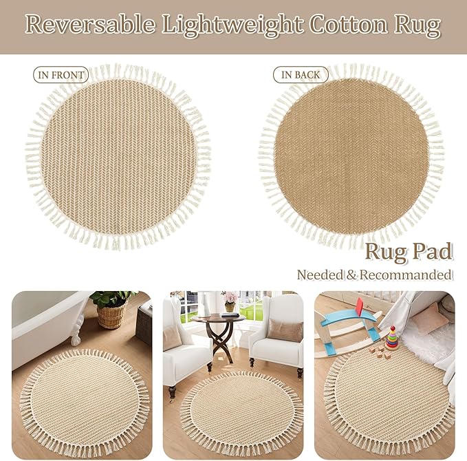 Lahome Belle Boho Round Rug 3ft, Small Circle Rugs for Entryway Kitchen Cotton Washable Indoor Door Bath Mat with Tassels, Farmhouse Round Area Rug Non Shedding Circle Carpet for Bedroom Entry, Khaki