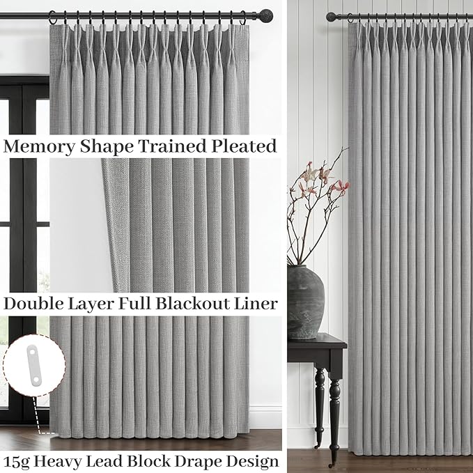 Custom Light Grey Blackout Dining Room Curtains 78 Inches Long 2 Panels Set, Memory Trained Pinch Pleated Double Layer Linen Thermal Noise Reducing Drapes Farmhouse Energy Efficient Windows Curtain