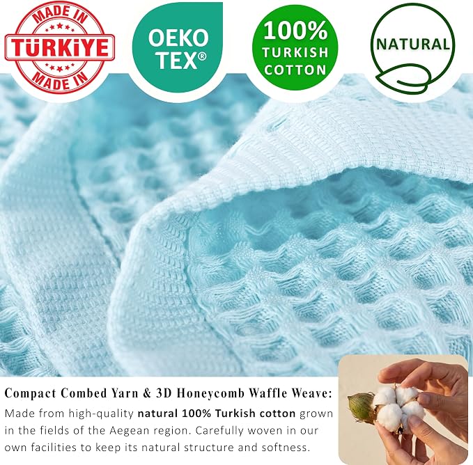 PÜSKÜL 4-Piece Natural 100% Turkish Cotton Luxury Waffle Towels for Bathroom | Premium Honeycomb Weave 2 Hand Towel & 2 Bath Towel Set | Soft Absorbent Quick-Dry Lightweight Towels (Turquoise)