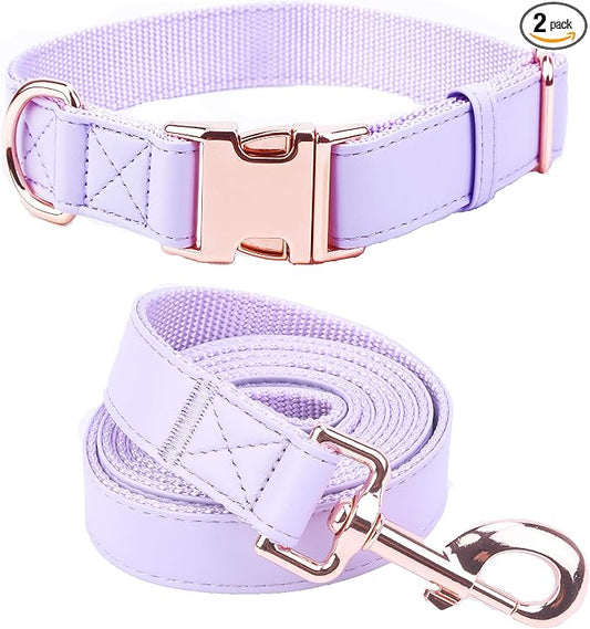 Dog Collar and Leash Set.Soft and Easy to Clean Vegan Leather with Rose Gold Metal Buckle for Small Medium Large Dogs (Light Purple, S(12.2"-16.9"))