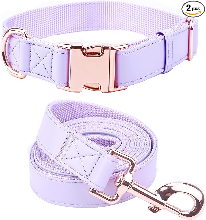 Dog Collar and Leash Set.Soft and Easy to Clean Vegan Leather with Rose Gold Metal Buckle for Small Medium Large Dogs (Light Purple, XS(8"-12"))