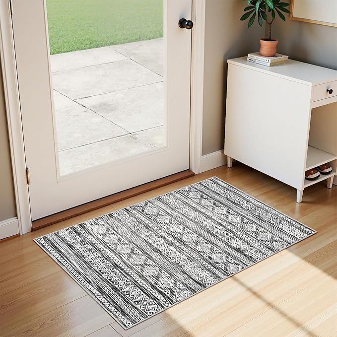Tortania Area Rug Living Room Rugs - 2x3 Washable Soft Neutral Boho Moroccan Farmhouse Mat Indoor Floor Carpet for Bedroom Hallway Entryway Kitchen Home Office Decor - Black White