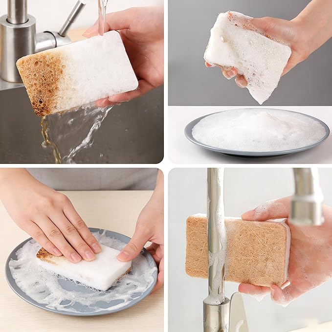 Natural Kitchen Sponges, 12 Pack Eco Biodegradable Compostable Coconut Fiber & Cellulose Heavy Duty Scrub Sponge for Dishes, Organic Non-Scratch Cleaning Sponges for Non Stick Cookware, Pots
