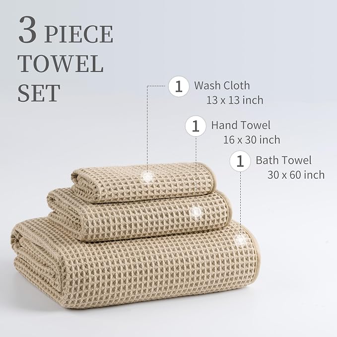 MICROFI Microfiber Waffle Bath Towels, 3 Pieces, Oversized, Soft, Absorbent, Fast Drying, Lint Free, Includes Bath, Face and Hand Towels 430 GSM