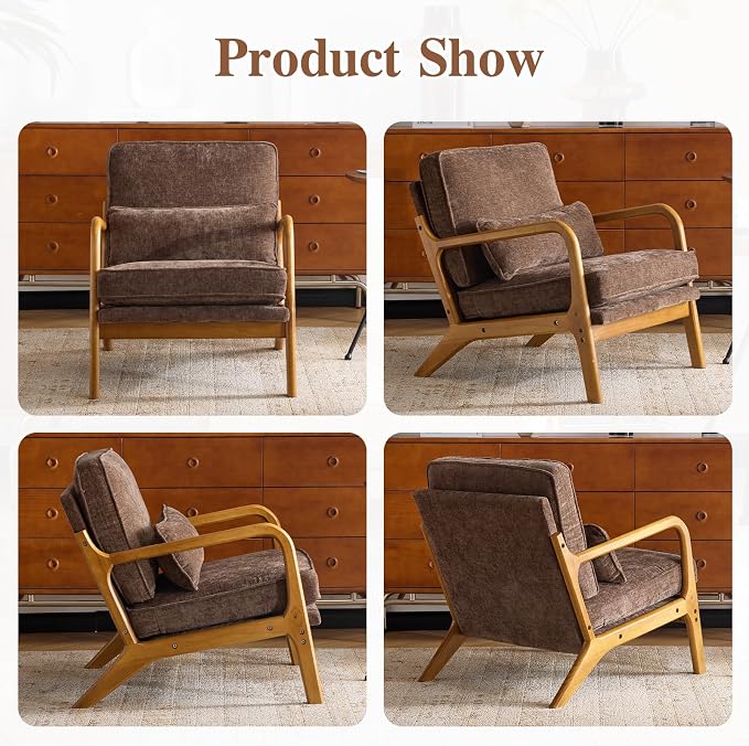 Karl home Mid-Century Modern Accent Reading Chair, Brown | Chenille Upholstered, Solid Wood Frame, Soft Cushion, Lumbar Pillow, Lounge Armchair for Living Room, Bedroom, Balcony, Study