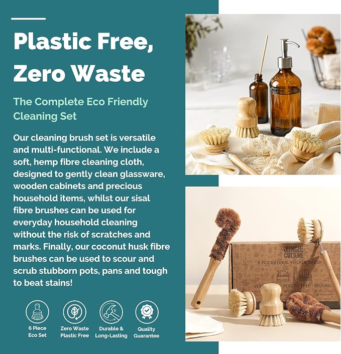 Jungle Culture® 6 Pack Bamboo Dish Brush Set for Washing Up • Natural Wooden Dish Brushes for Pans & Dishes • Eco Friendly Dish Scrubber for Bottles, Pots & Vegetables • Non Toxic & Plastic Free