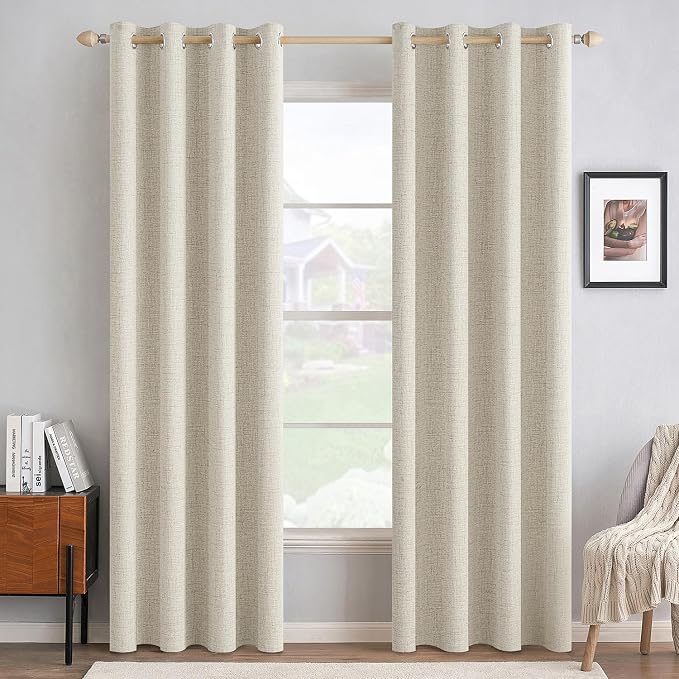 MIULEE 100% Blackout Linen Textured Curtains for Bedroom Solid Thermal Insulated Light Ivory Grommet Room Darkening Curtains & Drapes Luxury Decor for Living Room 52 x 90 Inch (2 Panels)