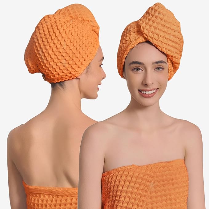 Luxury Organic Japanese Cotton Hair Drying Waffle Towel Wrap for Women | Absorbent, Quick-Dry Head Turban for Shower, Sauna, Spa | Extra Large for Long, Curly, Straight Hair With Button (Orange, 1 Pc)