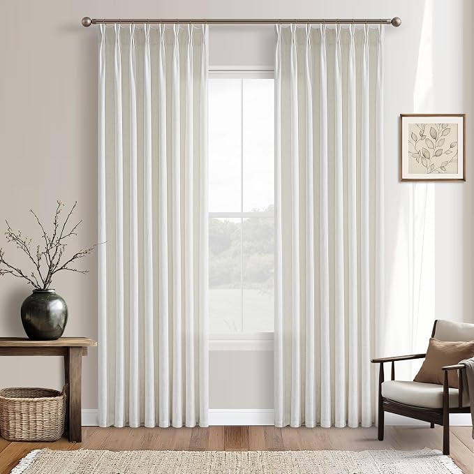 Pinch Pleated 80 Inch Curtains Semi Sheer Linen Blend Light Filtering Window Curtains 80 Inches Long for Living Room Bedroom Boho Beige Ivory White Pinch Pleat Drapes Rings Hooks 2 Panels Set W50xL80