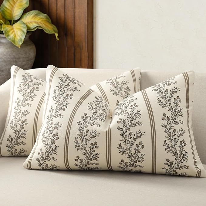Vintage Throw Pillow Covers 12x20 Set of 2, Striped Floral Pillow Cover Botanical Patterned Decorative Cushion Covers Modern Farmhouse Home Decor for Sofa Couch Bed Living Room, Chocolate