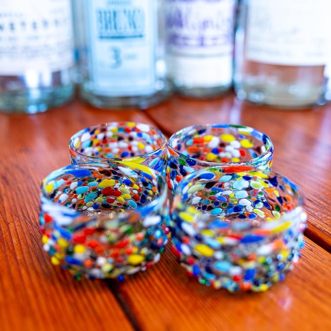 Mezcal Cups | Hand-Blown Glass, Artisan Crafted | Rainbow Confetti | Sipping Copitas perfect for Mezcal or Tequila | Set of 4